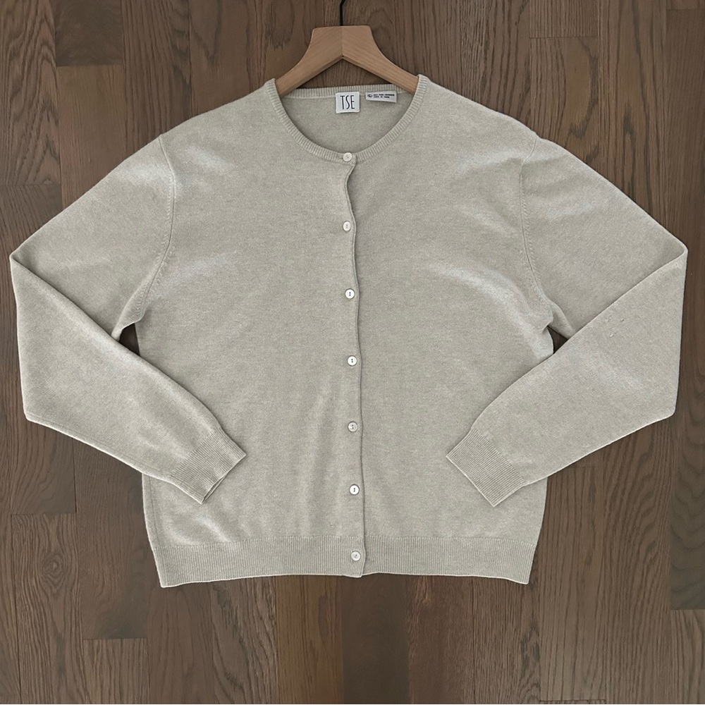 TSE 100% Cashmere Button Front Crew Neck Cardigan Sweater Heather Oatmeal Large